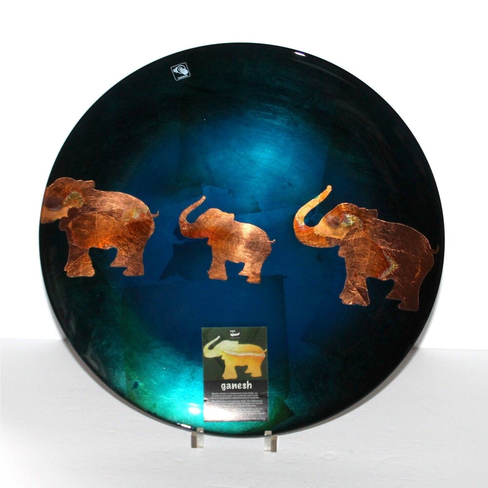 Ego Glass Plate Venice Italy Ganesh Elephant green blue gold 14.5” Barski